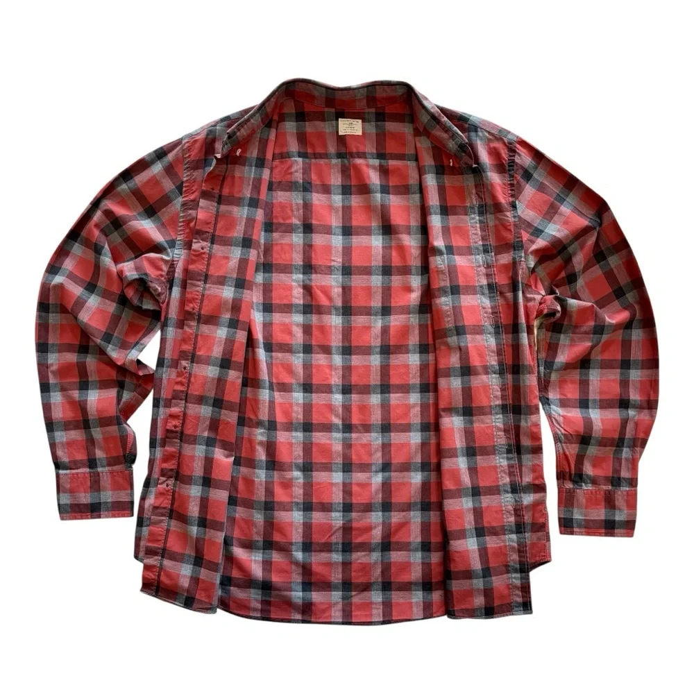 J.Crew 2-Ply Cotton Button Down Shirt Red Gray Black Check Plaid Long Sleeve L